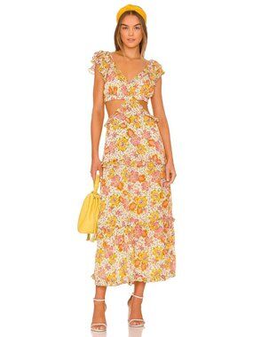 CLEOBELLA Clara Lucia Floral Crepon Ruffle Cut-Out Tiered Maxi Dress, Size M